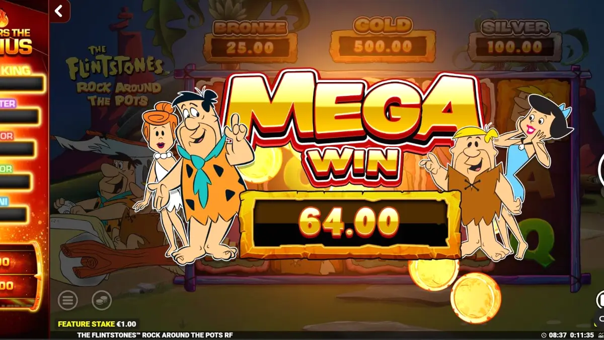 Tangkapan layar permainan slot The Flintstones: Rock Around The Pots dengan karakter kartun dan simbol hadiah uang tunai.
