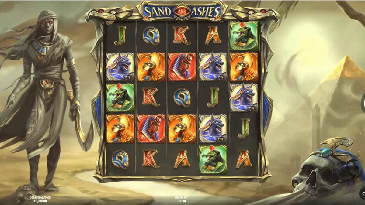 Tampilan visual slot Sand and Ashes dengan nuansa gurun Mesir yang misterius